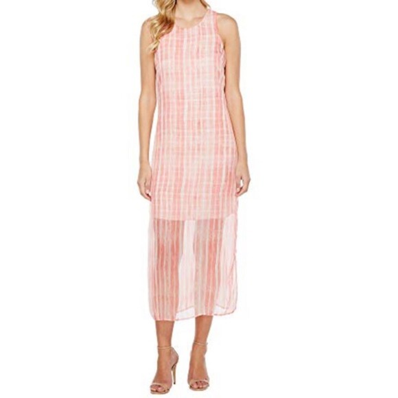 VINCE CAMUTO Chiffon Midi Dress Sleeveless Women's Large Petite Sheer Pink Peach - Picture 1 of 12